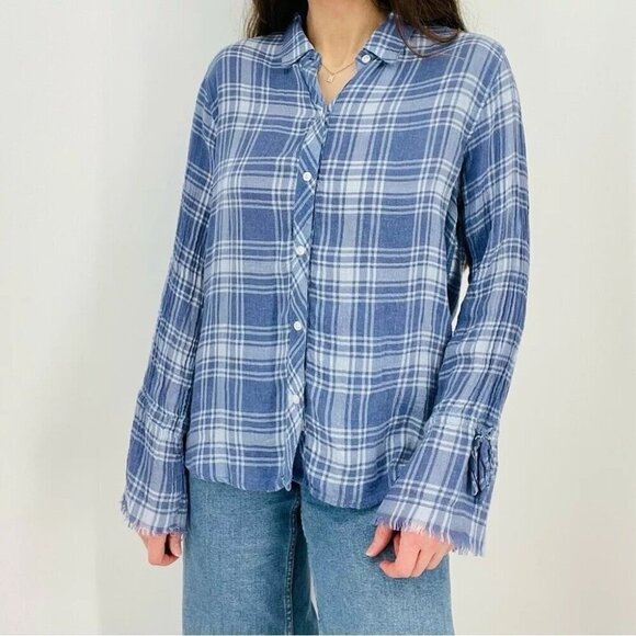 rails sky blue linen blend plaid button down top flowy frayed hem sleeve size XS - Picture 1 of 10